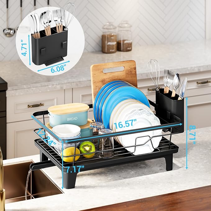 Urackify Dish Drying Rack for Kitchen Counter, Sink Dish Rack with Drainboard 12.2" W x 16.5" L, Large Dish Drainer with Cutlery Holder, Home Countertop Plate Dryer Storage Rack, Black