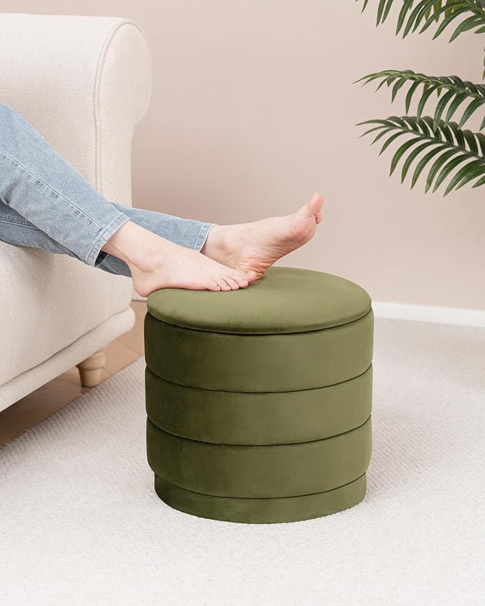 B FSOBEIIALEO Round Velvet Storage Ottoman with Tray, Folding Ottoman with Storage Coffee Table Foot Rest for Dorm Room, Living Room Olive, 15.35"x15.35"x14.57"