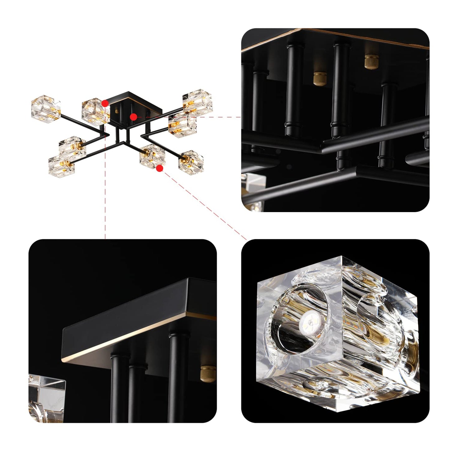 8-Lights Semi Flush Mount Ceiling Light Fixture,Black and Gold Modern Crystal Chandeliers,Farmhouse Lighting Fixtures for Dining Room Living Room Kitchen Bedroom Entryway