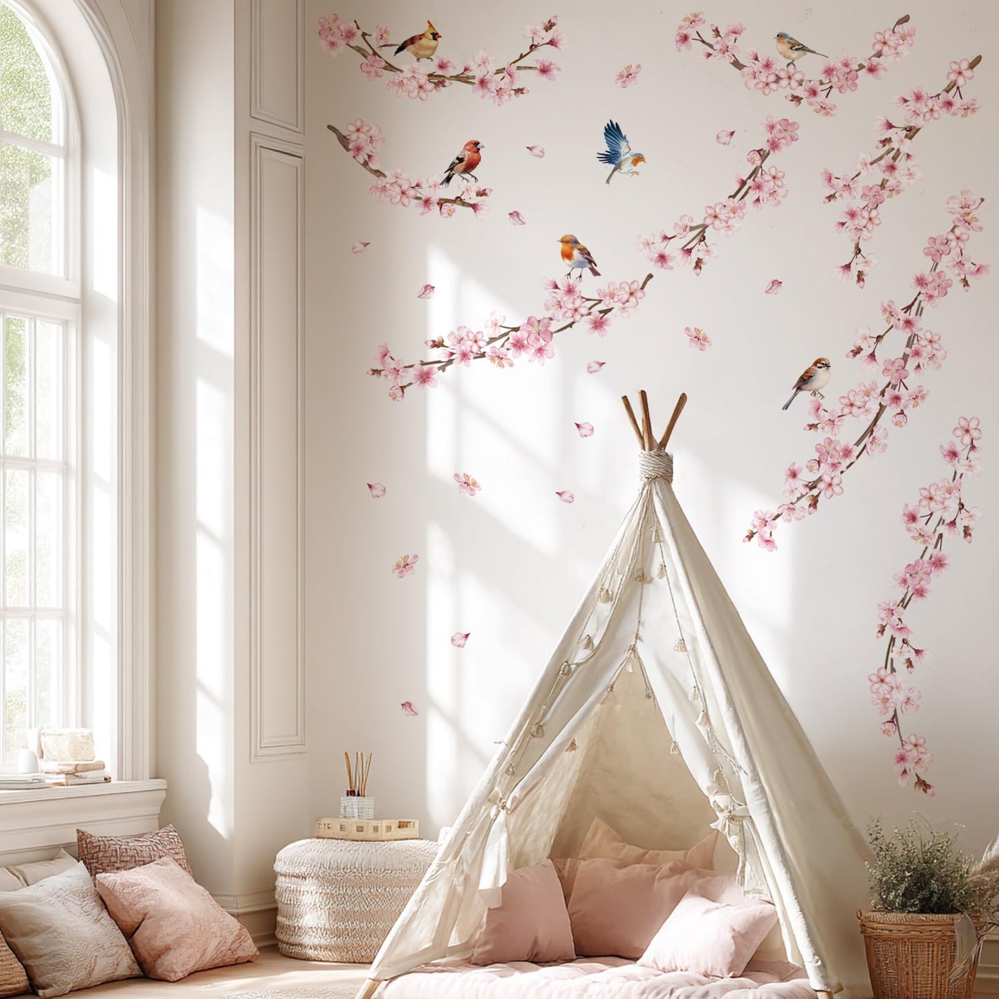 Cherry Blossom Wall Decals, Pink Vine Flowers, Hanging Floral Tree Branch and Birds Peel & Stick Wall Stickers for Bedroom, Living Room, Nursery, Sofa, Office Decor