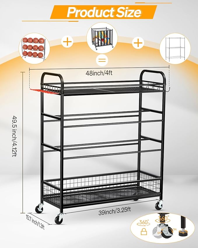 Garage Sports Equipment Organizer - Rolling Ball Storage Bin with Wheels, Garage Sports Gear Rack Outdoor Basketball Racks for Balls with Baseball Bat Holder and Hooks, Toy Organizer