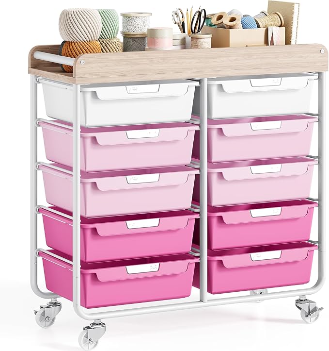 10 Drawers Rolling Cart with Wooden Tabletop, Utility Storage Cart with Wheels, Art Supply Craft Organizer on Wheel with Metal Frame & Handles for Home Office School,Pink