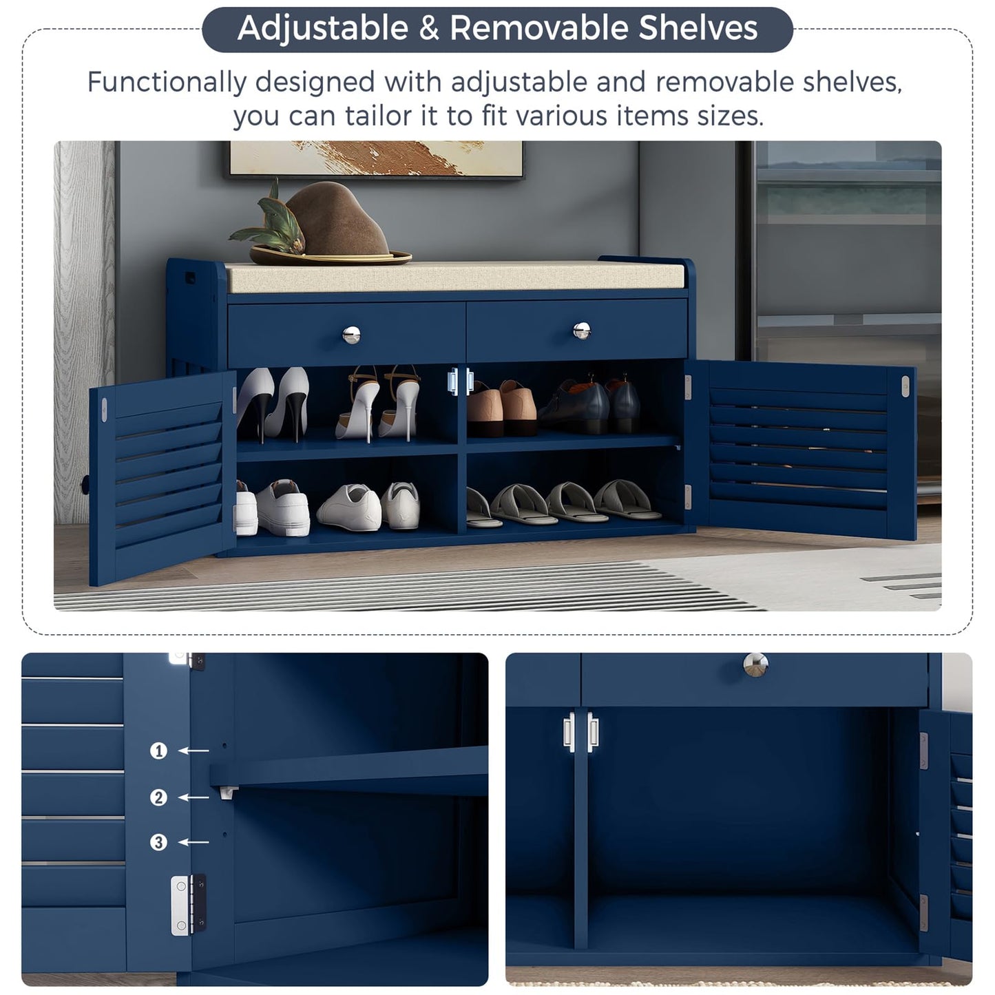 WARMHONIU Shoe Storage Bench with 2 Drawers, Entryway Bench with Cushion, Adjustable Shelves, Shoe Rack Bench with Louvered Doors for Entryway, Bedroom, Hallway, Blue