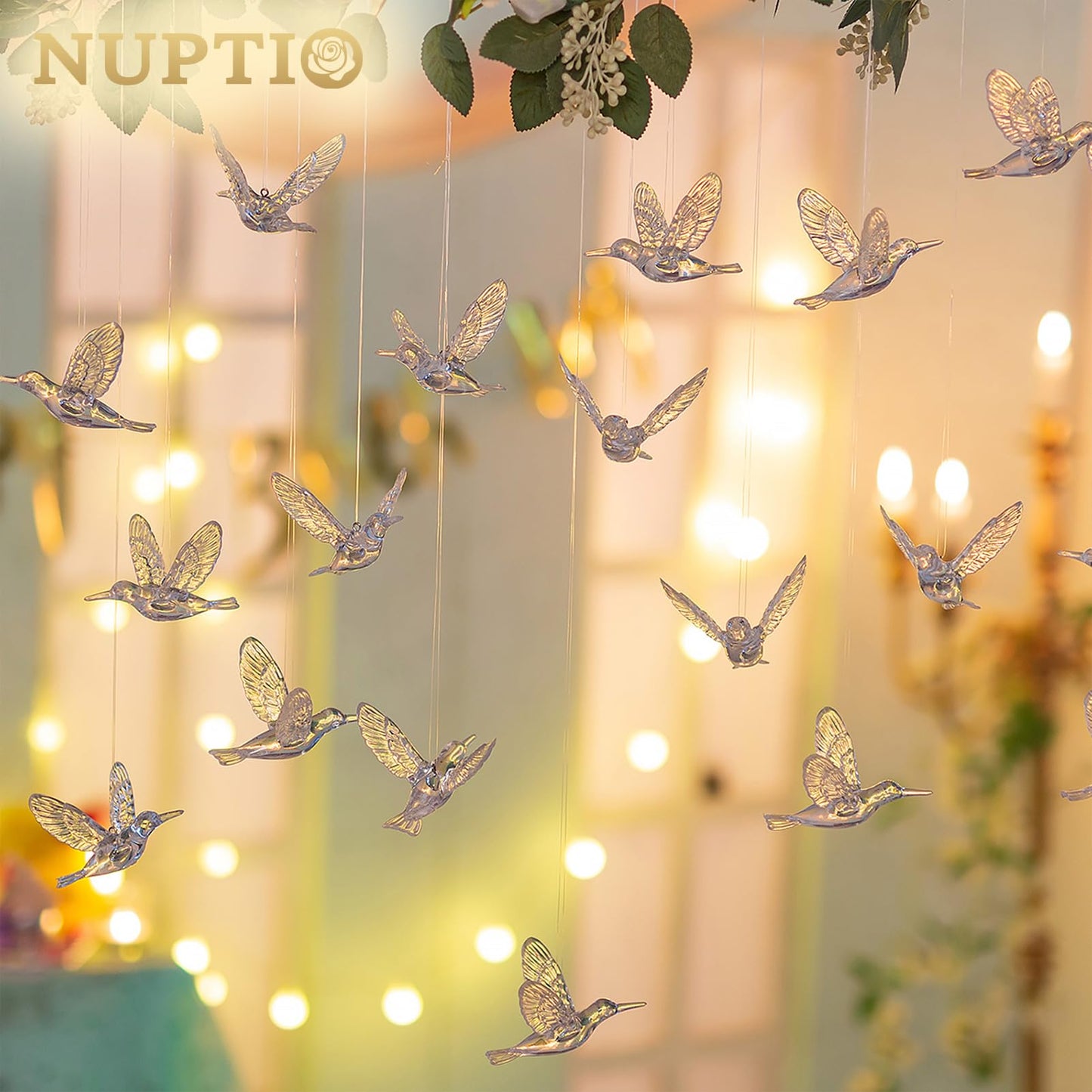 NUPTIO Crystal Ceiling Hanging Ornaments: 50 Pcs Acrylic Flying Birds for Wedding Party Window Garden Bedroom Outdoor Birthday - Christmas Tree Decorations with Transparent Line