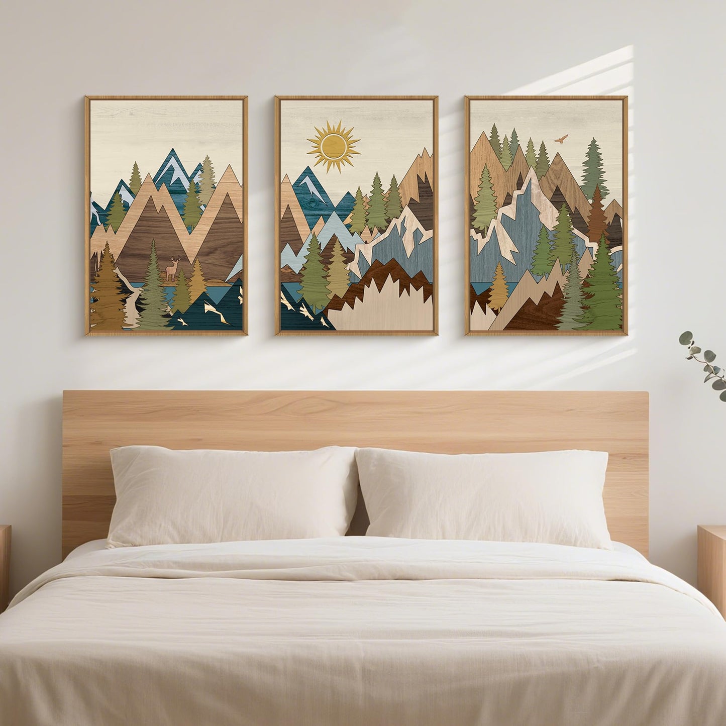 FWIEXA Large Mountain Woodcut Style Canvas Wall Art Set of 3, Sunrise Pine Tree Wall Decor, Forest Animal Painting, Nature Wilderness Lake Landscape, 16x24In Rustic Artwork for Living Room, Bedroom, Bathroom