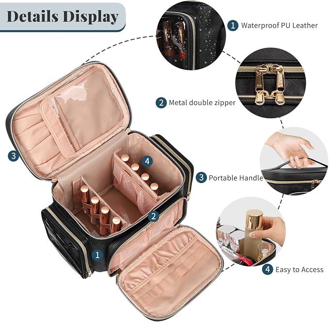 Bagmoly Large Makeup Bag, Portable Travel Makeup Bag Organizer for Women Girls with Makeup Brush Compartment & Two Side Pockets, Cosmetic Travel Bag Vertical Storage Toiletry Bag - Black