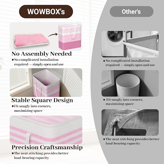 WOWBOX 2 Pack Laundry Baskets, Laundry Hampers, Freestanding Dirty Clothes Hampers with Reinforced Handles & Cross Stitch & Waterproof Coating, for Laundry Bedroom Bathroom Dorm,100L Pink