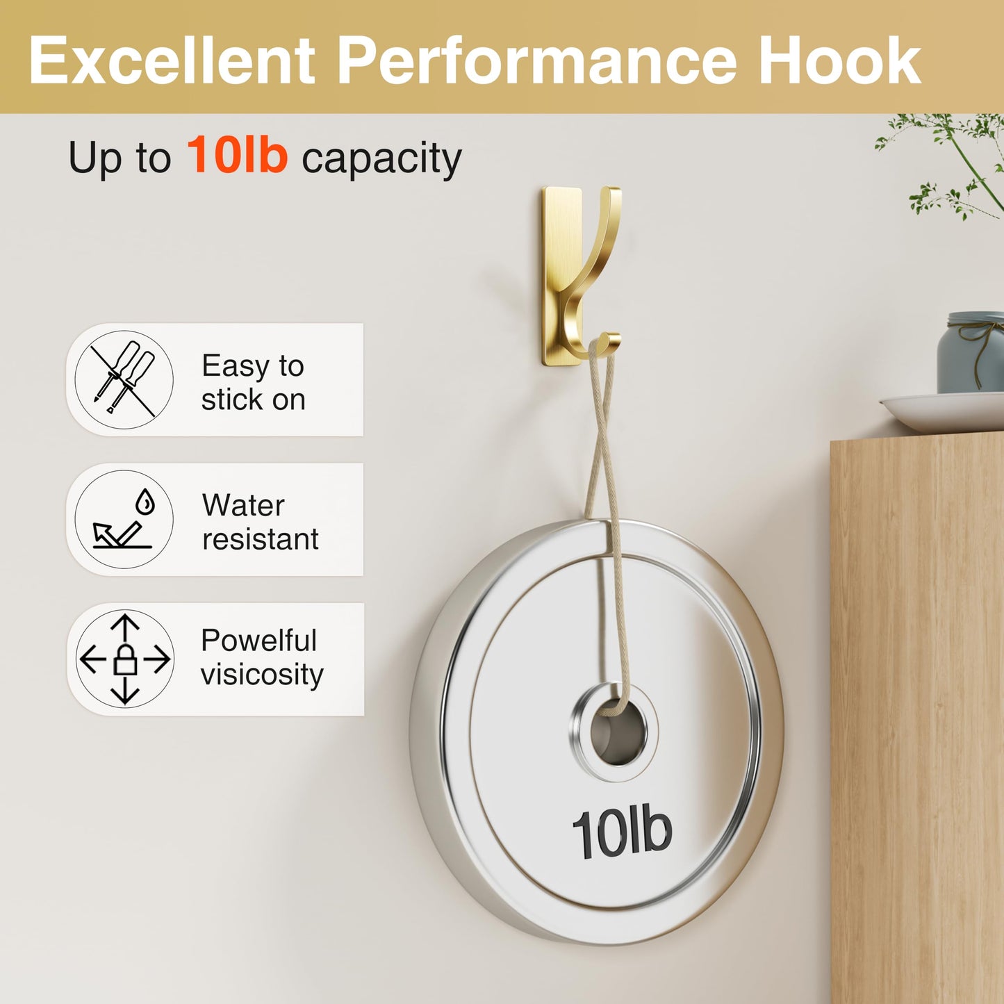 pickpiff Adhesive Wall Hooks for Towels - Sticky Hook Hanging Heavy Duty (13lb), Hanger for Door, Bathroom, Dorm, Closet - for Coats, Purse, Bag, Robe - No Damage to Wall - Gold 4 Pack