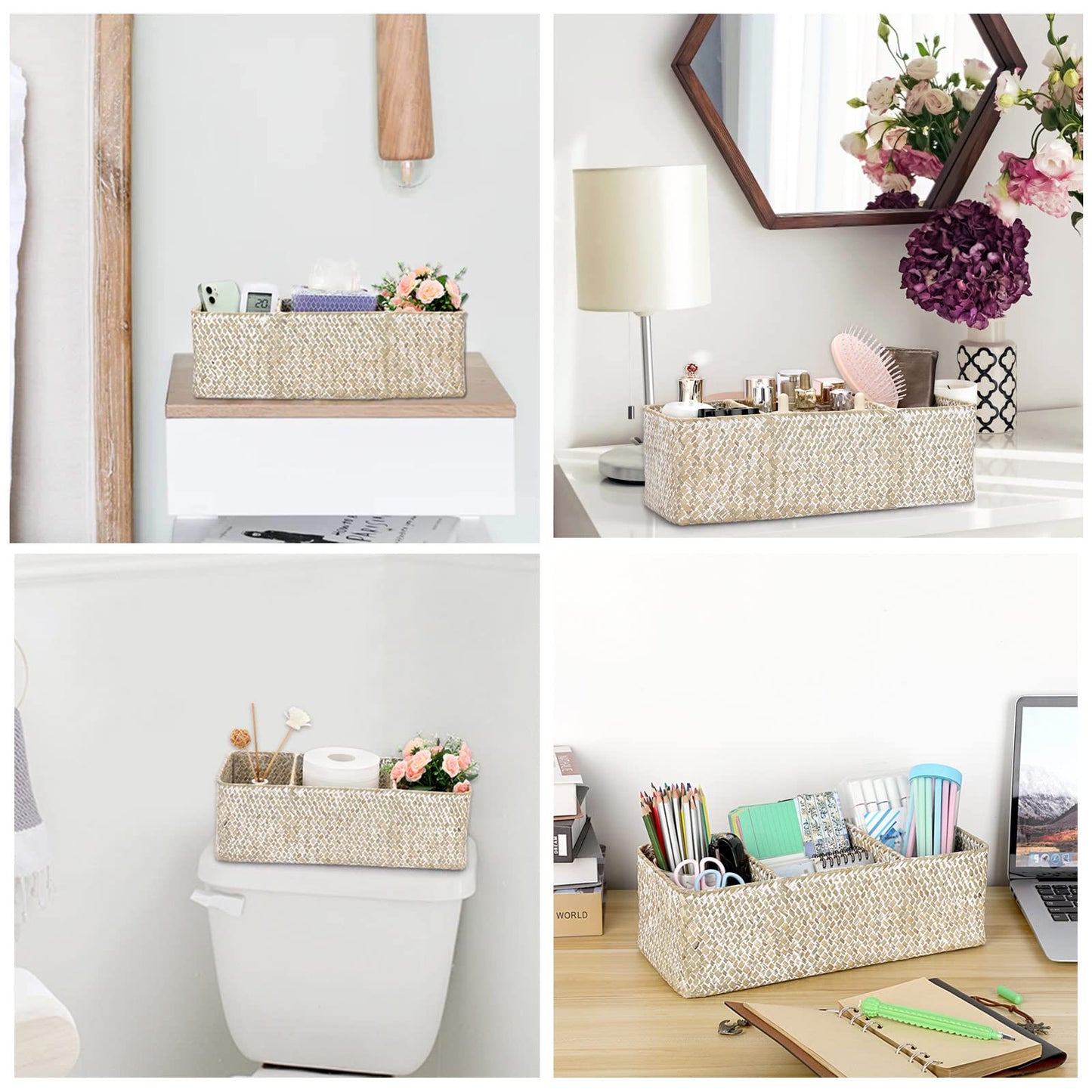 Hipiwe Seagrass Storage Basket Bin- 3 Sections Hand-Woven Toilet Basket Wicker Shelf Basket Bathroom Organizer Bins for Shelves, Kitchen, Pantry, Closets, Toilet Paper Tissue Organizer