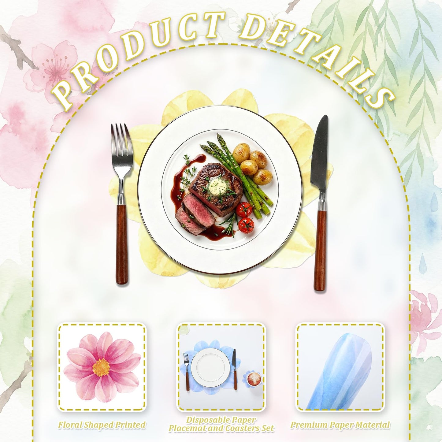 Qinyoung 96 Pcs Disposable Floral Paper Placemats and Coasters Set Floral Table Place Mats and Coasters Decorative for Dining Table Setting Birthday Party Supplies Wedding Bridal Shower Spring Decor