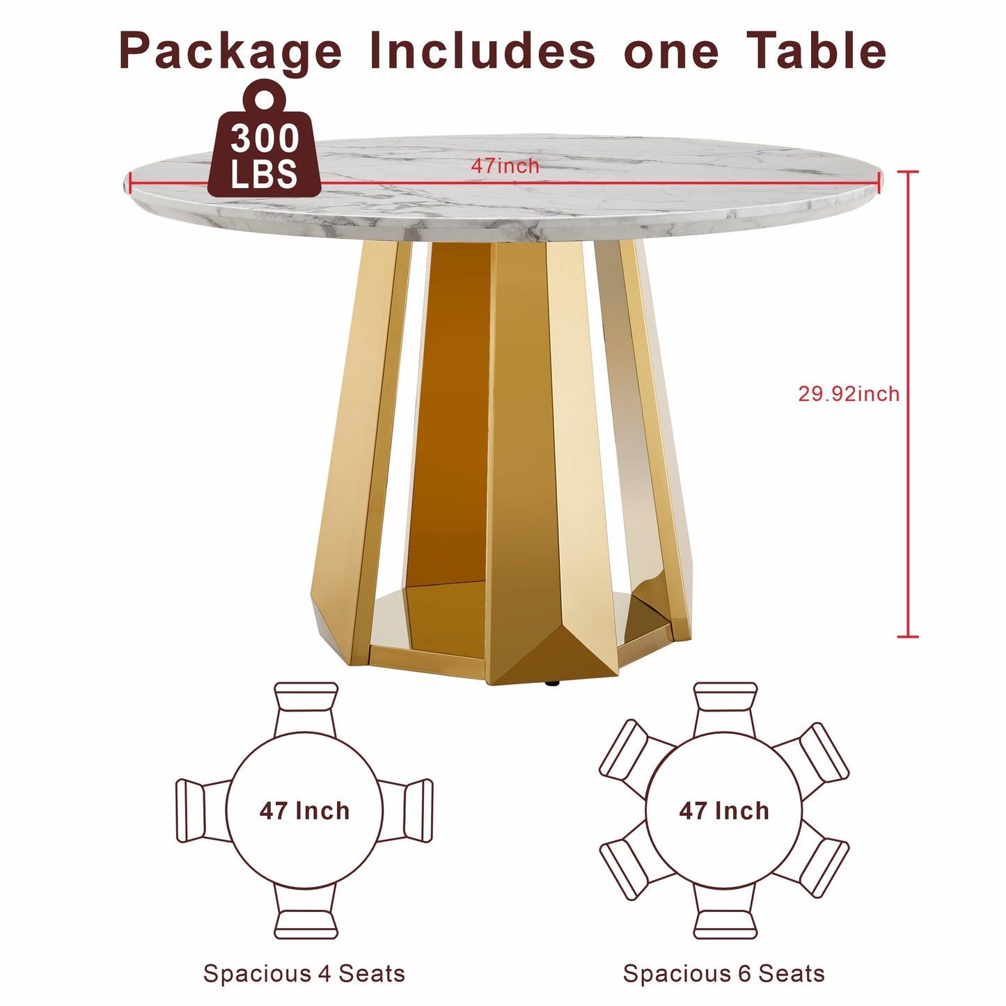 Glyph Form Round Faux Marble 47" Dining Table for 4-6, Luxury Gold Kitchen Table with Stainless Steel Base, Easy to Clean & Heavy Duty Modern Dining Room Table for Home Office, White, MDF(Table Only)