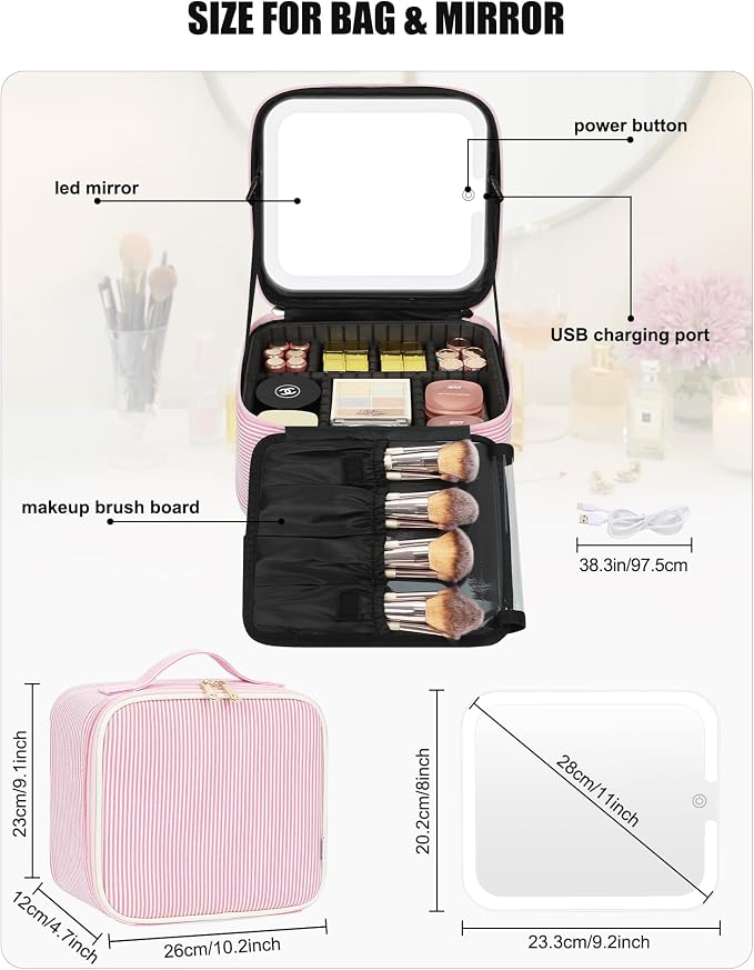 Relavel Travel Makeup Bag With LED Mirror, Portable Cosmetic Bag Organizer with Adjustable Brightness in 3 Color Scenarios, Small Cute Train Case with Detachable Dividers for Trip- Pink Strip
