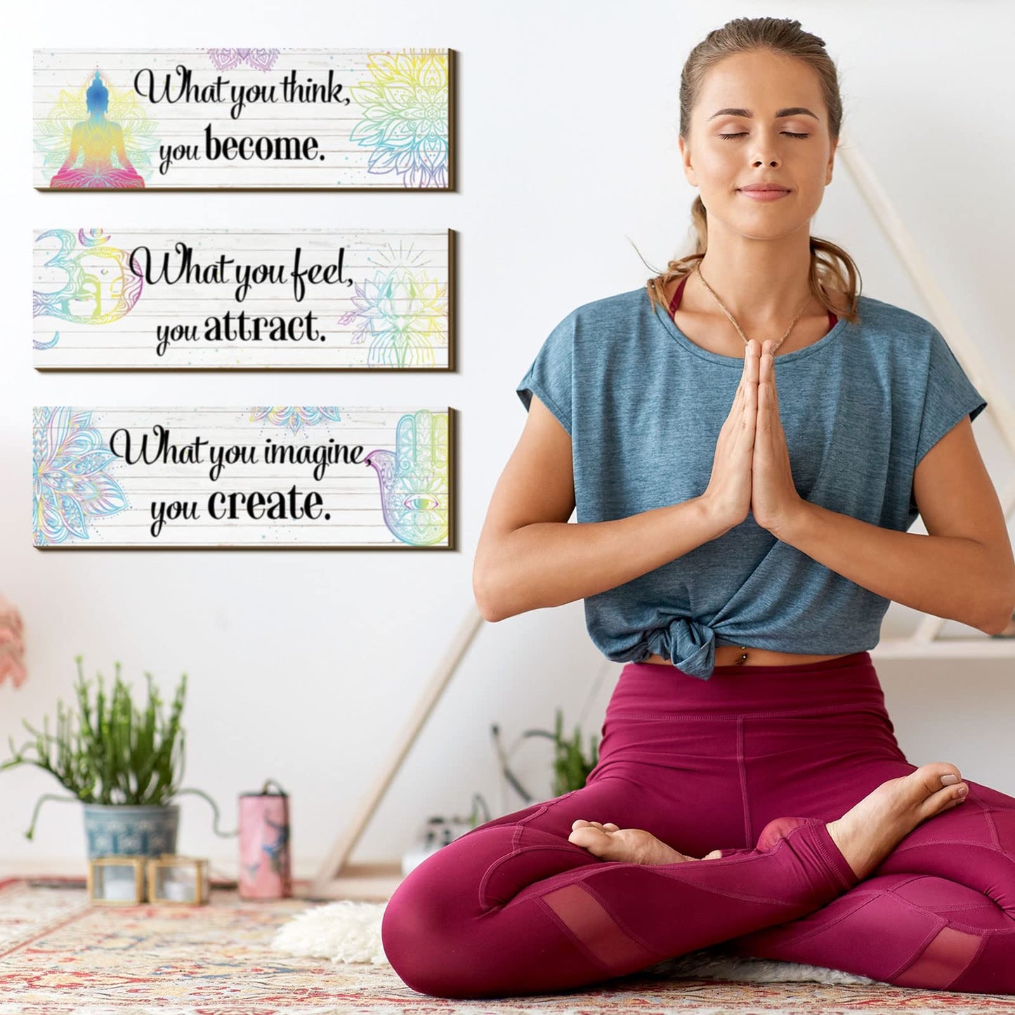 Yerliker 3 Buddha Decor Buddha Wall Art Meditation Room Chakra Decor for Bedroom Zen Quotes Wall Decoration Spiritual Gift Hanging Buddhism Spa Room Decoration Yoga Art for Women(White)
