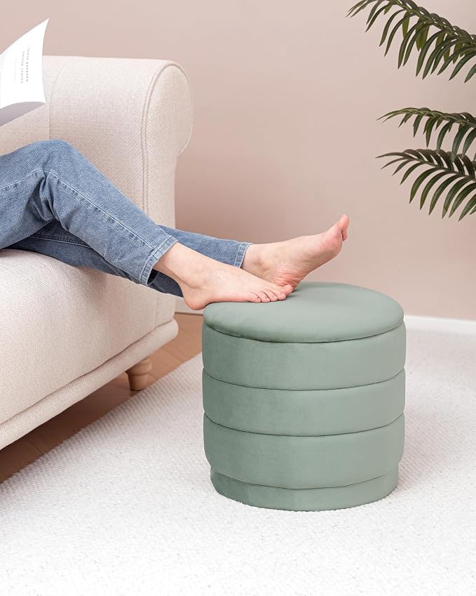 B FSOBEIIALEO Round Velvet Storage Ottoman with Tray, Folding Ottoman with Storage Coffee Table Foot Rest for Dorm Room, Living Room Sage, 15.35"x15.35"x14.57"
