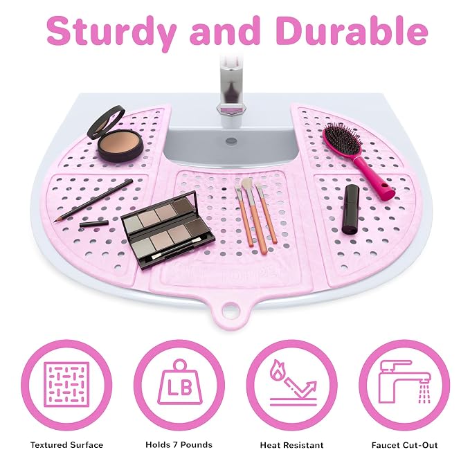 Sink Topper Bathroom Counter Cover & Storage Saver, Foldable Silicone Mat for Hot Tools, Hair Styling & Makeup, Beauty Brush Cleaning Mat, RV Camper Sink Cover & for Small Spaces (Standard Pink)