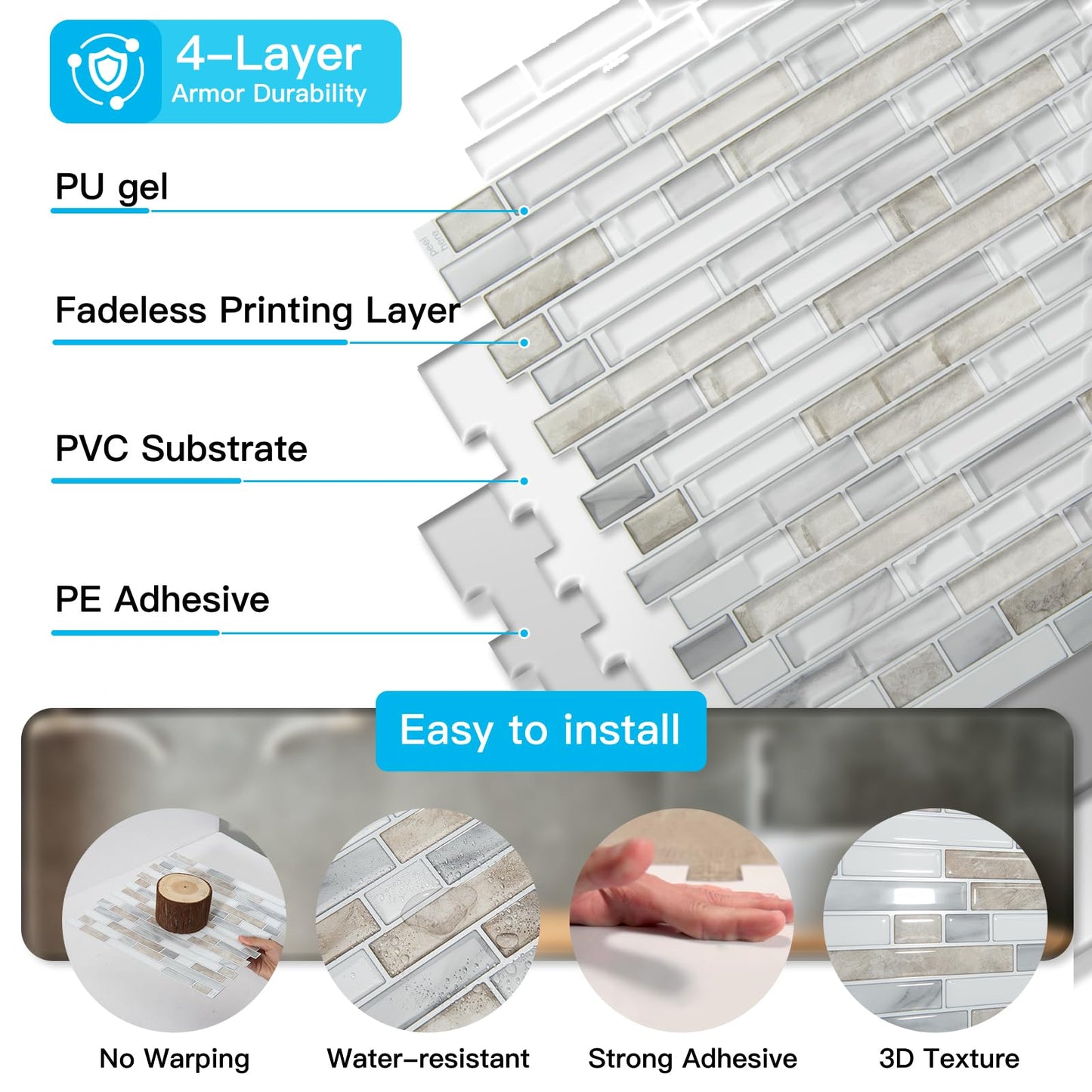Art3d 10-Sheet Heavy-Duty Peel and Stick Backsplash, Waterproof Wall Tiles Stick on Kitchen Backsplash Living Space, Beige & White