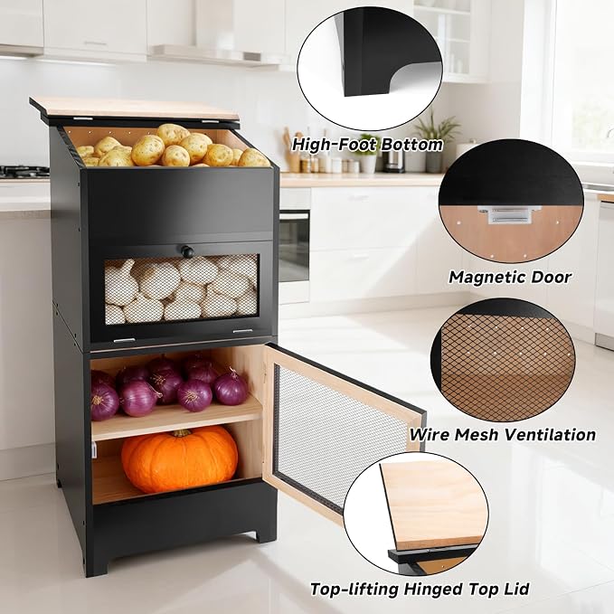Large Potato and Onion Storage Bin - Wooden Stackable Bread Storage Box with Lid & Mesh Doors, Decorative Fruit and Vegetable Organization Cabinet for Kitchen, 15.75"W x 10.7"D x 33.5"H (Black)