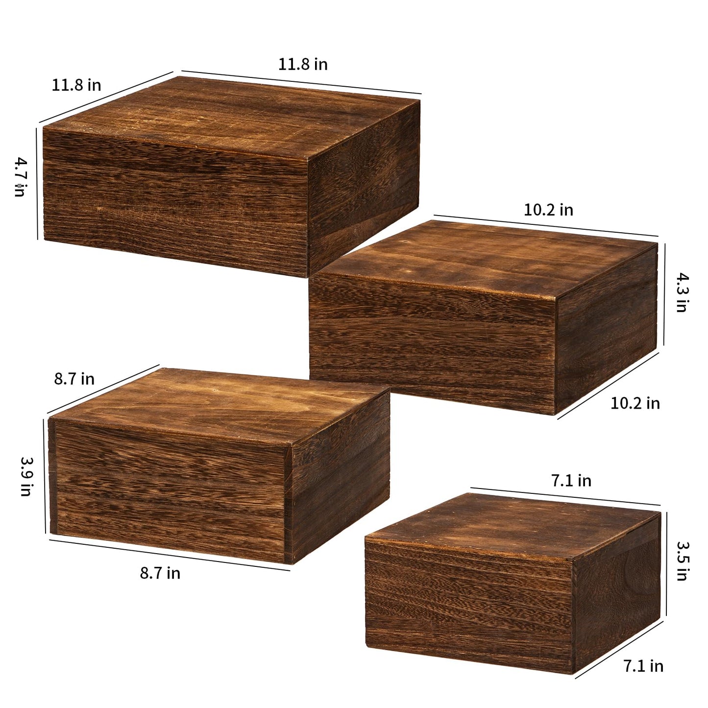 VDEHOM Vintage Brown Square Wooden Cake Stands For Display,Set Of 4 Wood Cupcake Stands Risers, 12 Inches Rustic Wood Crates For Wedding Cake Display, (Vintage Brown)