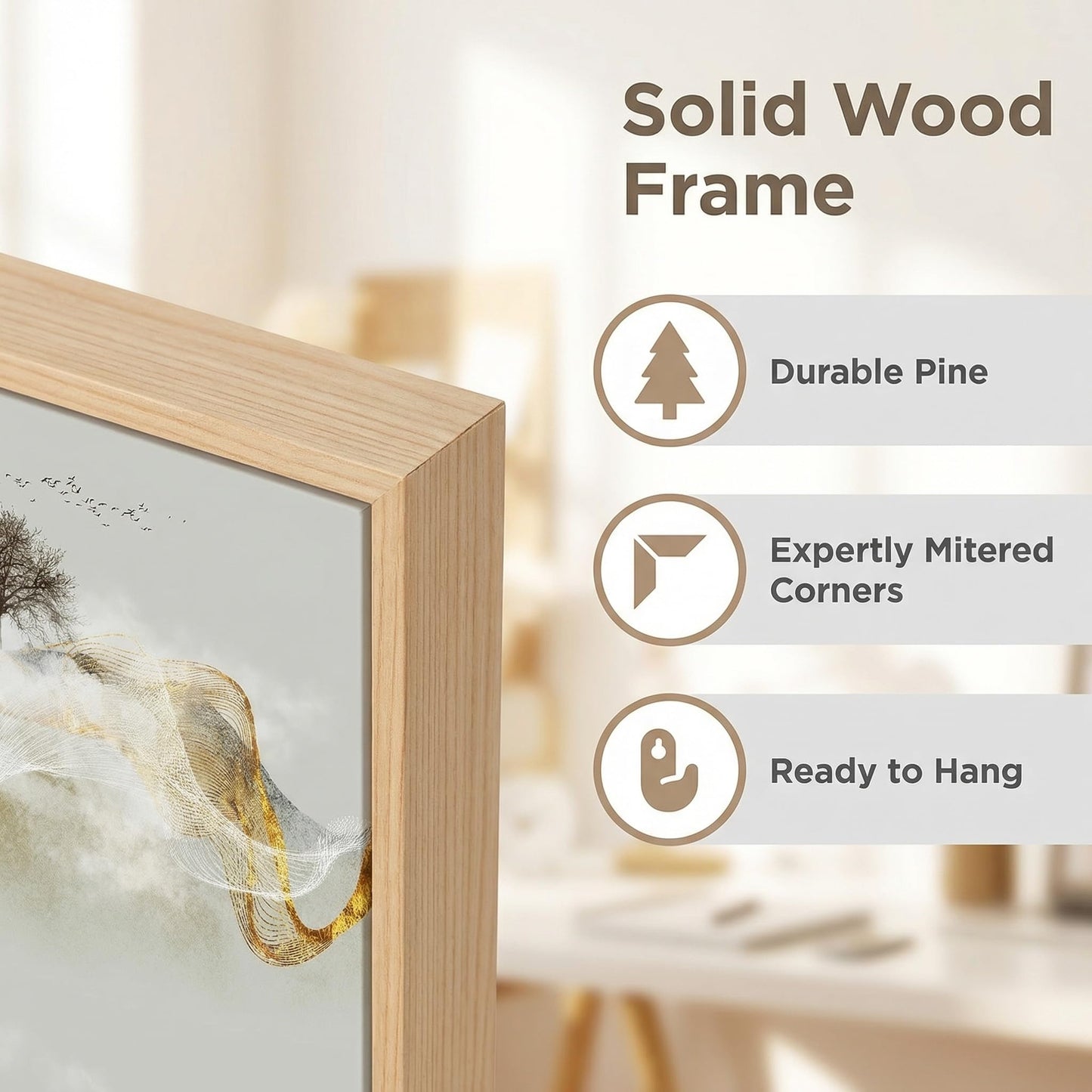 HUADAOART Wall Art Modern Zen Light Luxury Natural Landscape with Golden and White lines Background Wall Decor Canvas Prints for Living Room Bedroom 20x40 Inches (Framed)