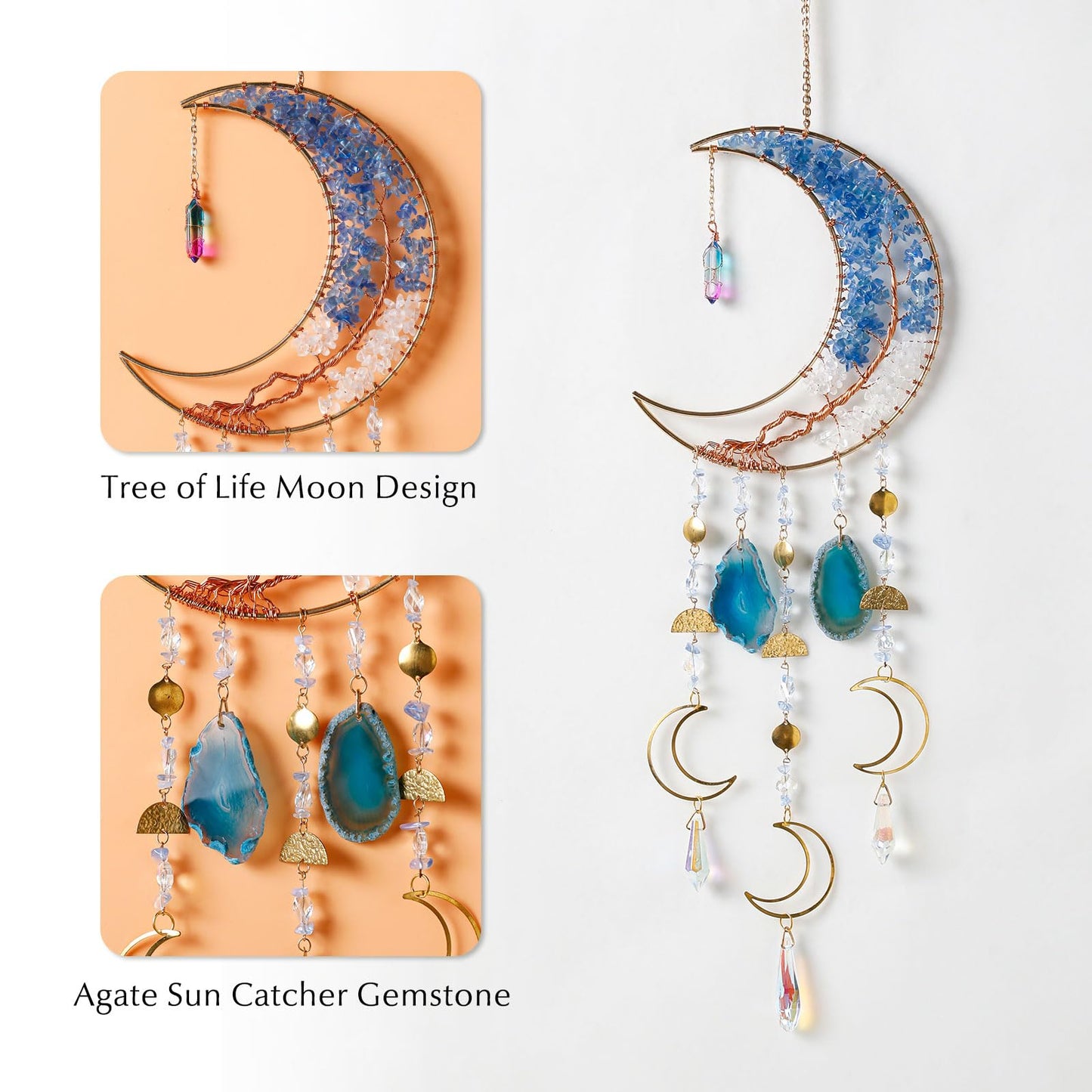 Agate Gemstone Dream Catcher 7 Chakra Tree of Life Dream Catcher with Crystal Stones Handmade Dreamcatcher Wall Decor for Adults Boys Girls,Bedroom,Wedding,Garden,Bless Gift(Blue Moon with Pendant)