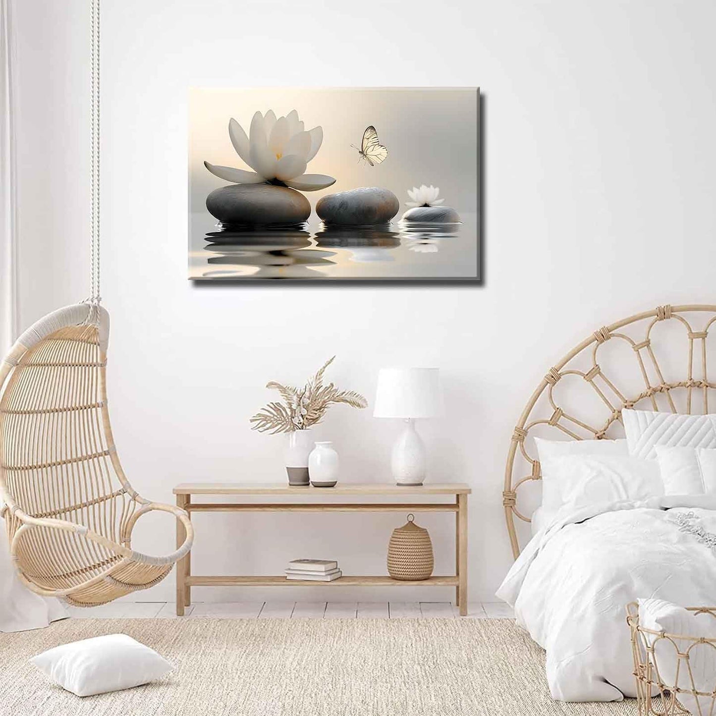 Zen White Lotus Canvas Wall Art White Flower Yellow Butterfly on Lake Wall Decor Pictures Meditation Posters Prints for Bathroom Living Room Modern Spiritual Yoga Spa Bedroom Decoration
