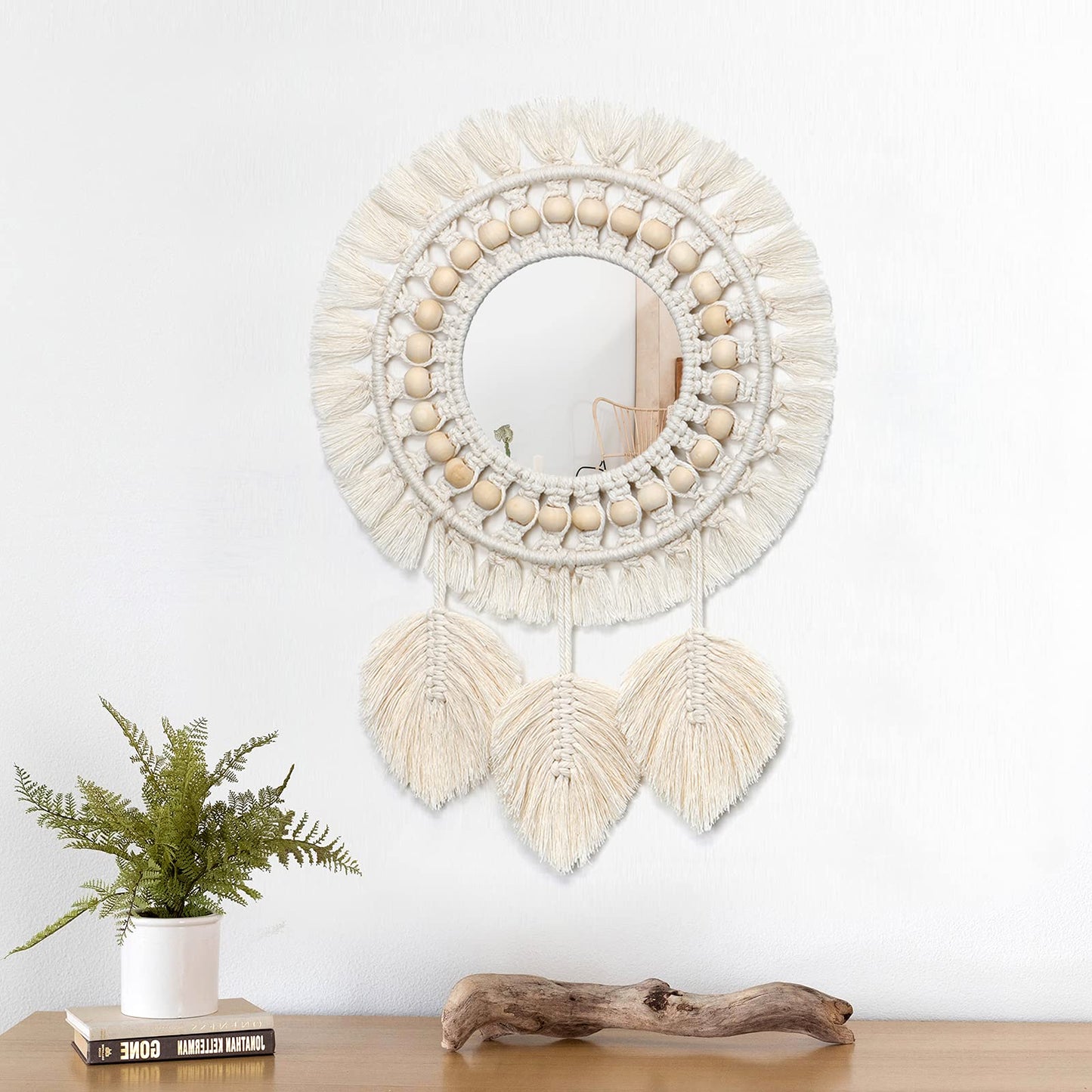 Dremisland Hanging Wall Mirror-Boho Macrame Fringe Round Decorative Mirror with Wood Beads Feather Pendant，Art Ornament for Apartment Home Bedroom Living Room