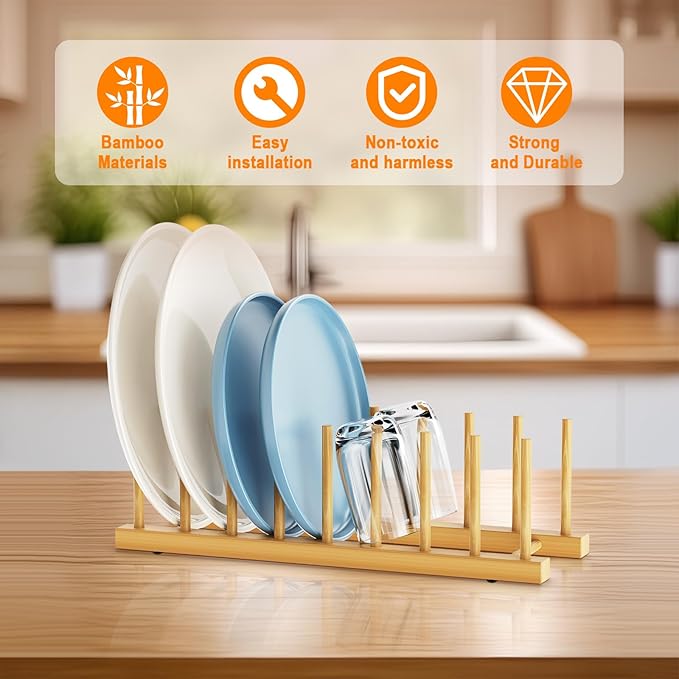Bamboo Dish Drying Rack for Kitchen Organizer-Sturdy Plate Rack Organizer with Natural Bamboo, Dish Rack Holds Plates, Cups & Cutting Boards-Dish Drying Rack for Countertop & Cabinets（2 Pack）