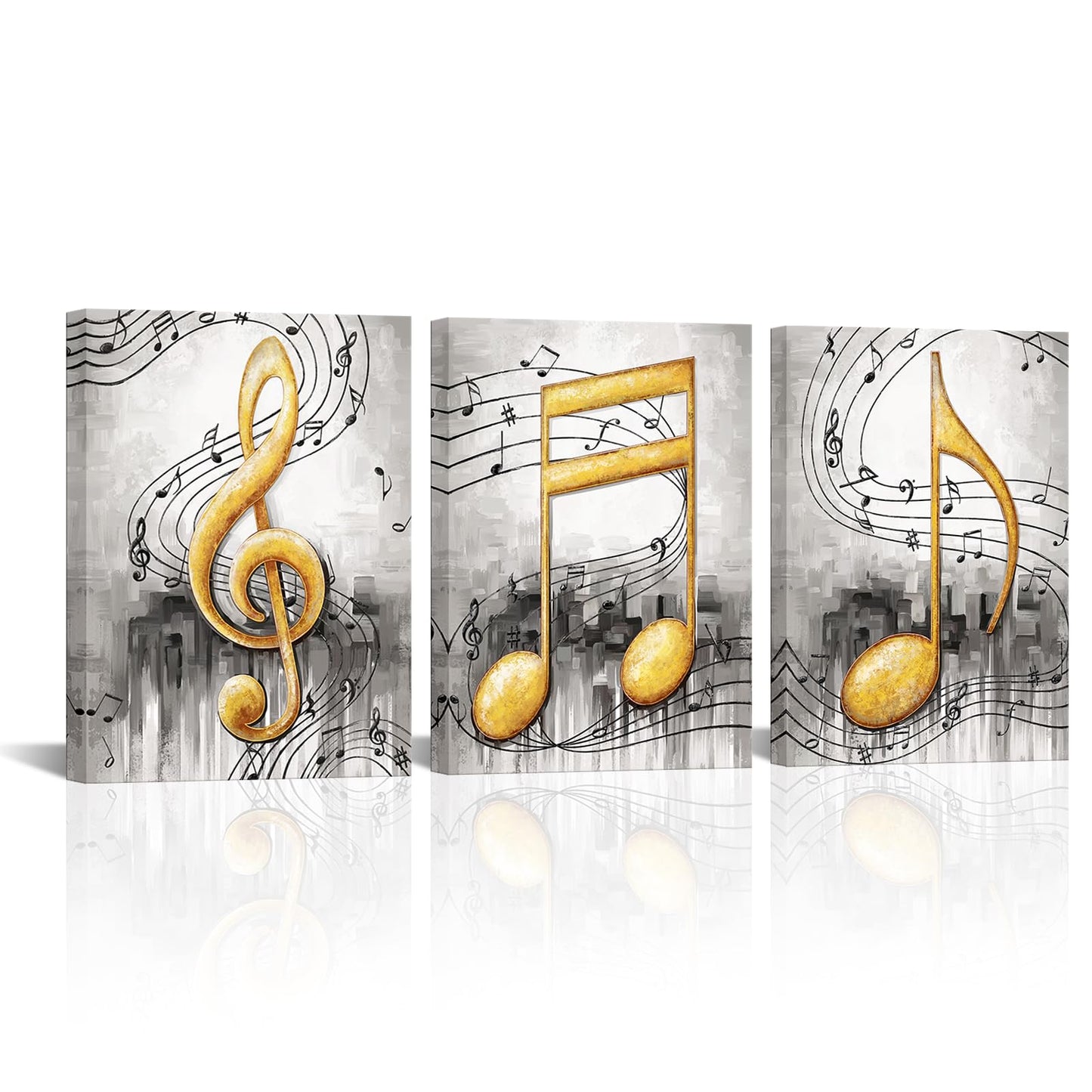 Biuteawal 3Pcs Music Notes Wall Art Grey and Gold Canvas Painting Musical Art Pictures Prints Modern Stylish Music Room Classroom Wall Decor Framed