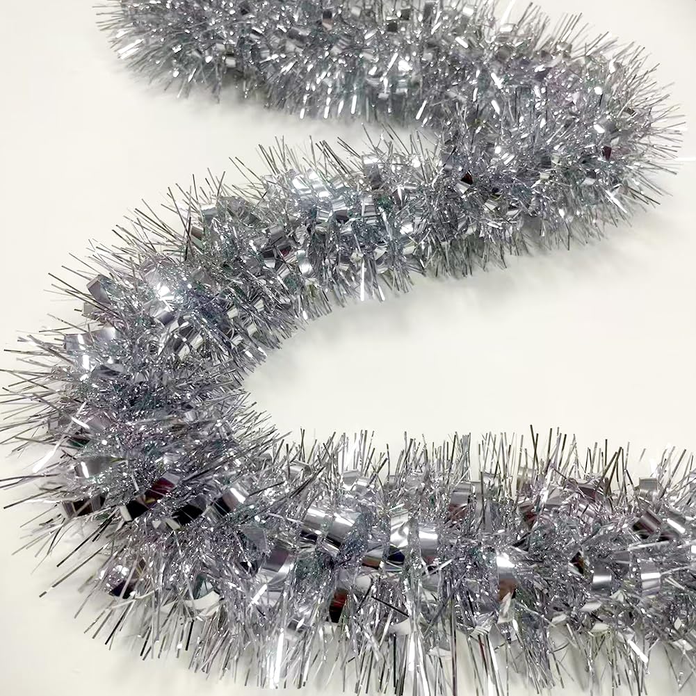 33Ft Christmas Tinsel Garland Shiny Thick Tinsel Xmas Tree Decor Metallic Twist Foil Garland for New Year Parties Birthday Party Thanksgiving Day Parade Floats Indoor Outdoor Supplies - Silver