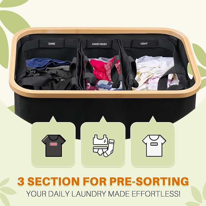 Laundry Hamper with Lid, 160L Dirty Clothes Hamper for Laundry Basket 3 Section, Extra Large Laundry Sorter Hamper 3 Compartment with Removable Inner Bags & Labels, Black