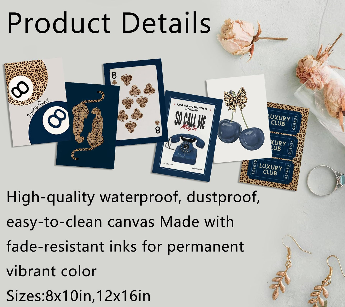 6Pcs Navy Blue Trendy Leopard Canvas Wall Art Fashion Lucky 8 Ball Painting pictures Preppy Y2K Aesthetics Wall Decor Trend Cheetah Prints Artwork for College Dorm Home Decoration 8x10in Unframed
