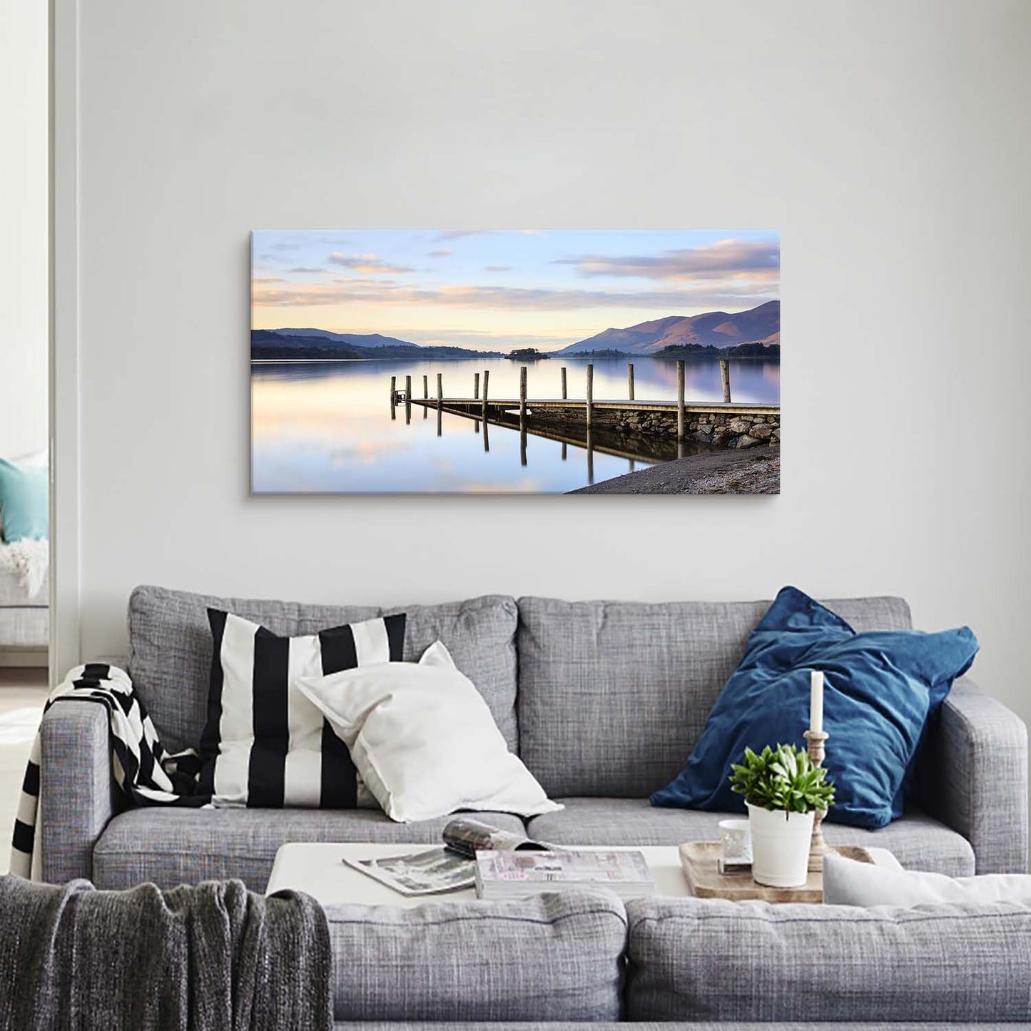 Sunset Lake Canvas Wall Art - Lakeside Dock Picture Pier Painting Nature Landscape Prints Scenery Artwork for Living Room Home Office