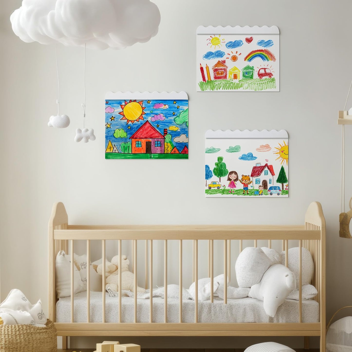 Yookeer Set of 3 Scalloped Magnetic Art Hanger Wall Mounted Artwork Display Bar with Strong Magnets White Wooden Picture Memo Holder for Art Decor Home
