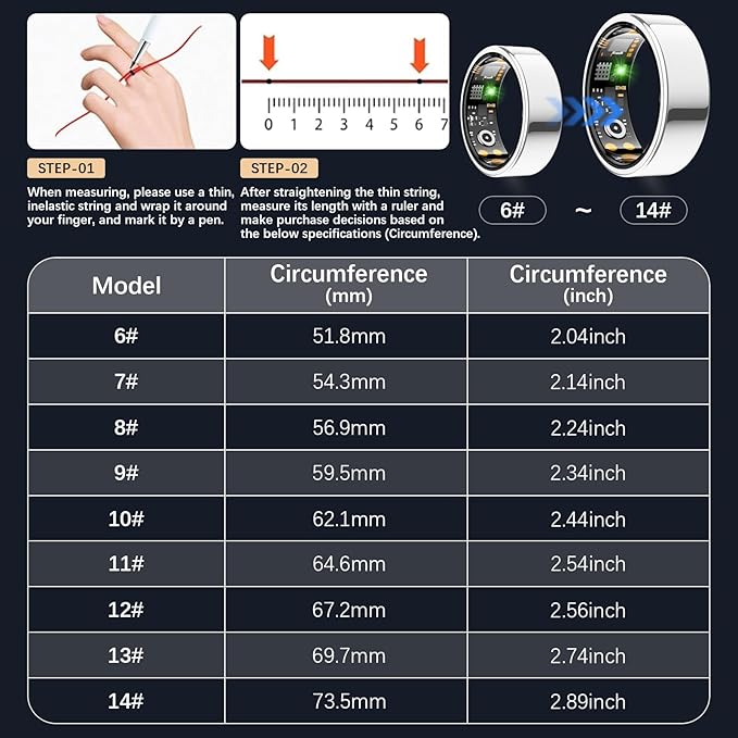 Smart Health Ring for Women Men, Fitness Tracker Ring with Heart Rate, Blood Oxygen, Sleep Tracker, Step Tracker, No Subscription Fee, IP68 Waterproof Smart Ring for iPhone & Android (Silver, 13#)