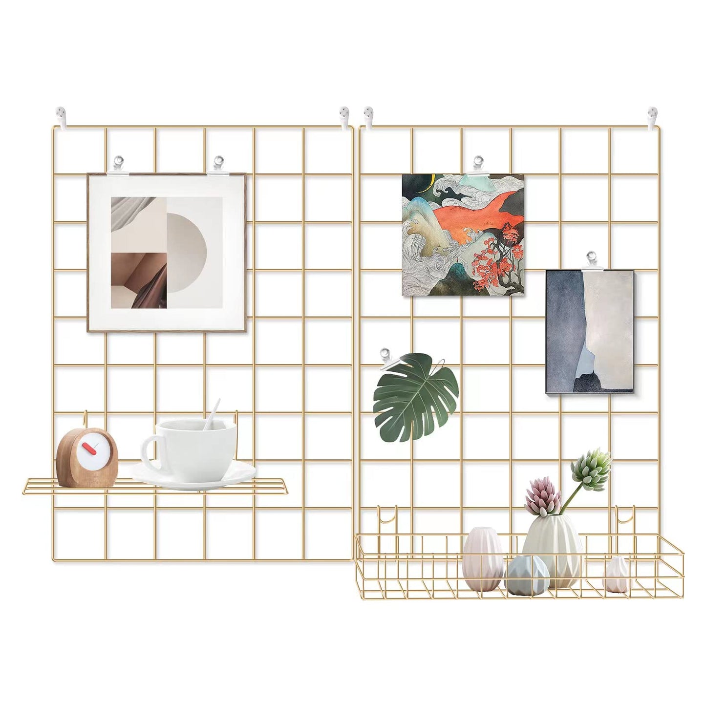 BULYZER Grid Wire Board,for Memo Picture Panel Wall Decoration for Room Office Mat Photo Hanging Art Display Frames Desk Storage Organizer,17.3" x 11.8"(2Pack) (Gold)
