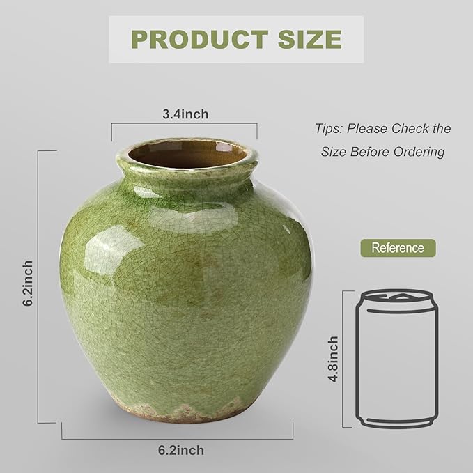 Ceramic Flower Vase Home Decor, 6.2 inch Farmhouse Rustic Vintage Decorative Vases, Pottery Terracotta Boho Flowers Vases for Dining Table, Living Room, Shelf, Kitchen, Bedroom (6.2"-Green)