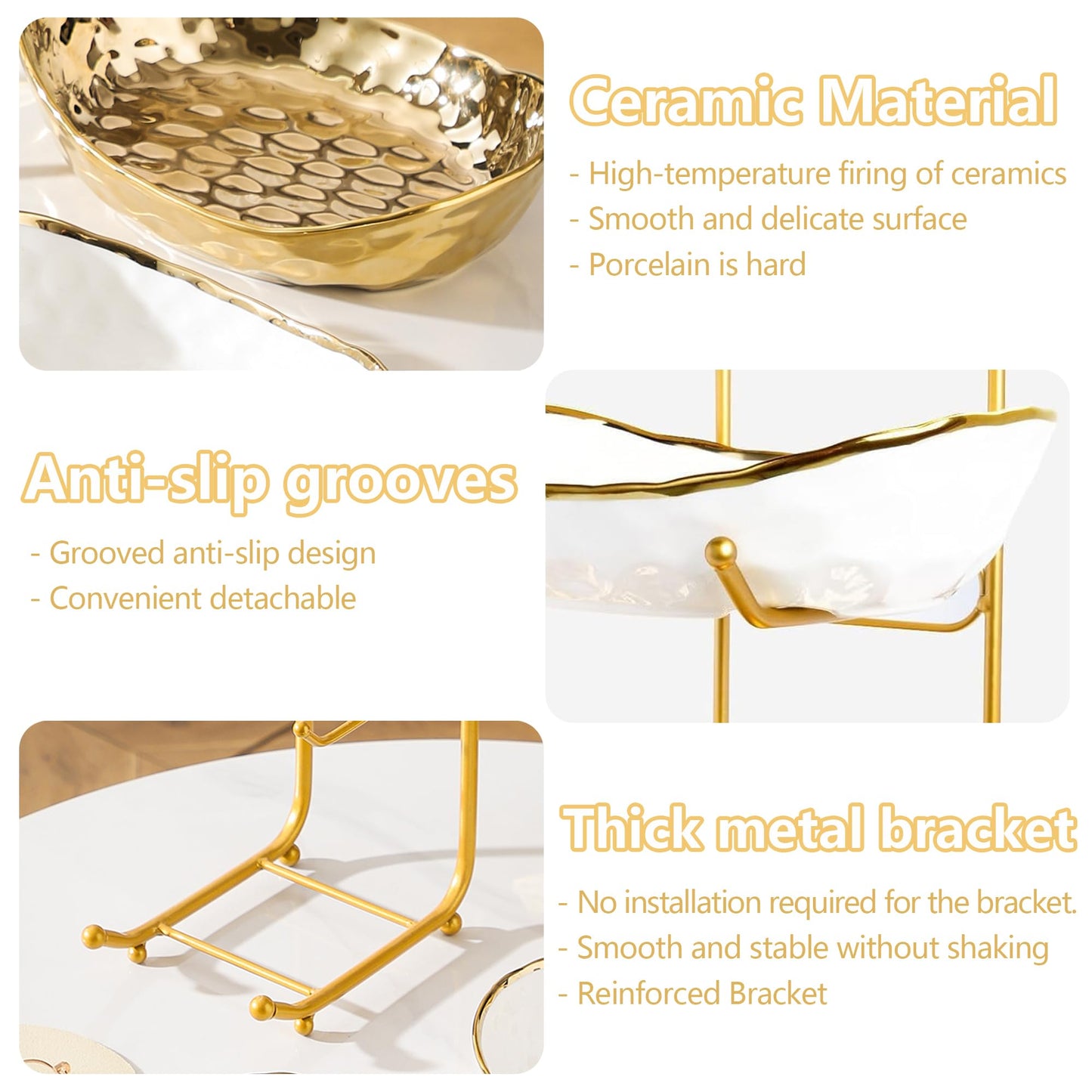 YYW 3-Tier Ceramic Fruit Bowl with Metal Stand - Elegant Countertop Organizer for Kitchen/Living Room, Holds Desserts, Snacks & Nuts - Home & Party Use (Golden)