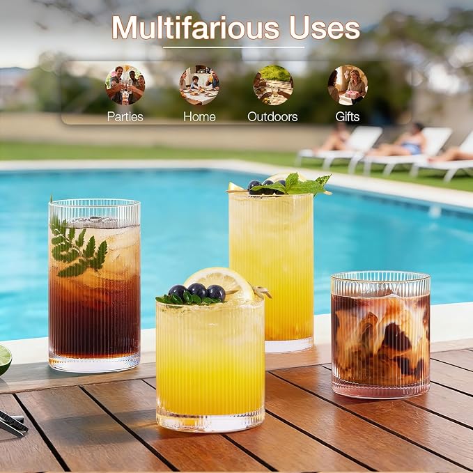LUNA & MANTHA Drinking Water Glasses Set, Lead-Free Crystal Highball Glass, Tall Glass Cups for Cocktail Parties,ribbed set of 8,17oz&12oz