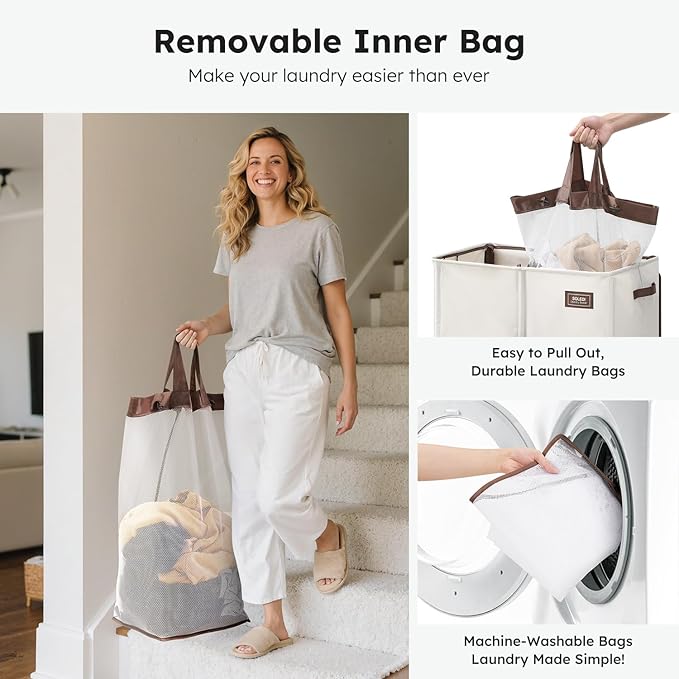 SOLEDI Double Laundry Hamper with Lid, 47.8 Gal (180L) Large Laundr Basket 2 Section with 2 Side Pockets, Dirty Clothes Hamper with Removable Bag, Easy to Carry for Laundry Room, Bedroom, Beige