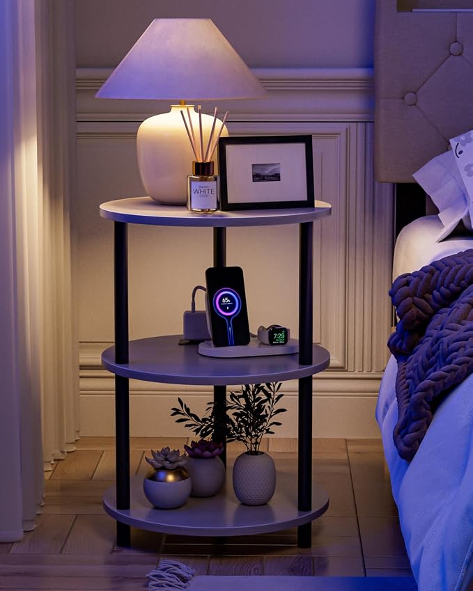 XBurmo Small Round End Table - 3 Tier Design Accent Table, Narrow Side or Bedside Stand, Industrial Vintage Table for Small Spaces, Built-in USB Ports and Power Outlet, Greige