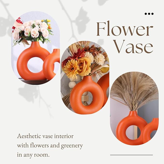 Orange Ceramic Donut Vase Set of 2, Hollow Round Matte Pampas Flower Vases for Boho Home Wedding Party Room Dinner Table Shelf Decor.（Orange）