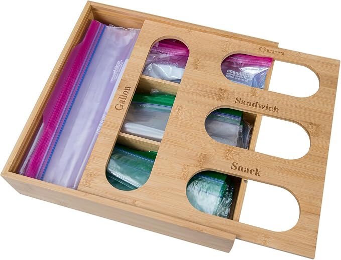 Lipper International Bamboo Storage Bag Organizer Holder and Dispenser for Kitchen Drawer or Countertop, 4 Compartment Sizes