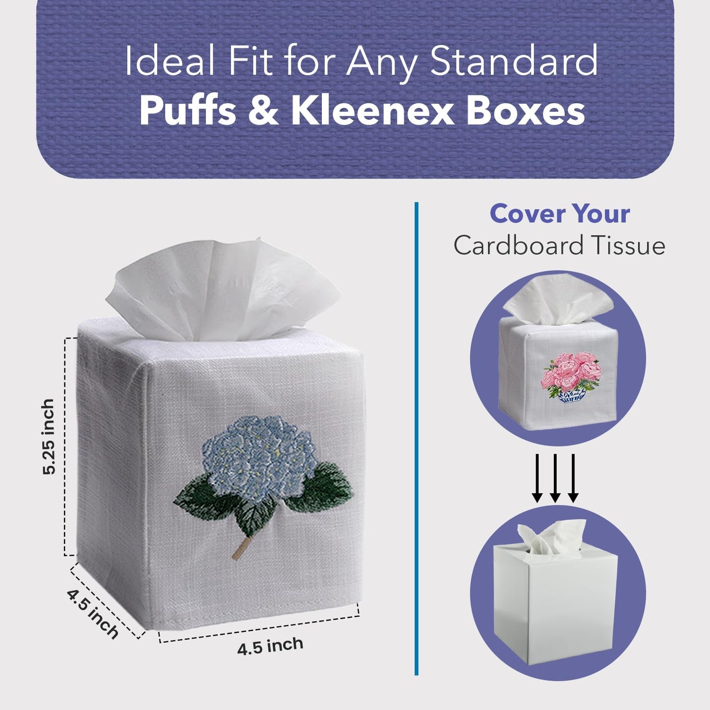 Jacaranda Living Square Tissue Box Cover, Linen/Cotton Fabric Tissue Holder, Decorative Cloth Tissue Cube Cover, Animal Designs Feathered Peacock, Turquoise, Pewter