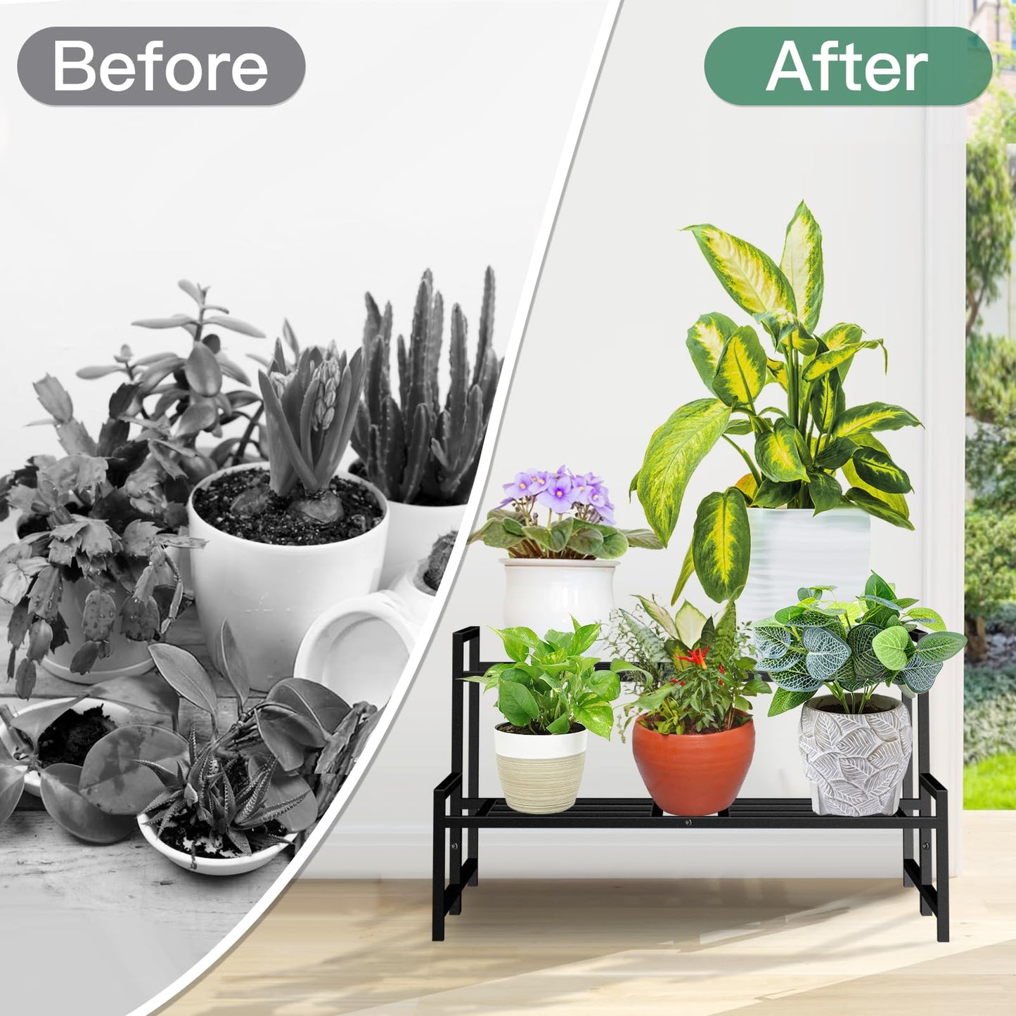 Lilybud--lily Plant Stand Indoor Outdoor, 2-Tier Wrought Iron Plant Stands, Stackable Metal Plant Shelf Decorative Outdoor Flower Stand Heavy Duty Pedestal Stands for Garden Deck Living Room, Black