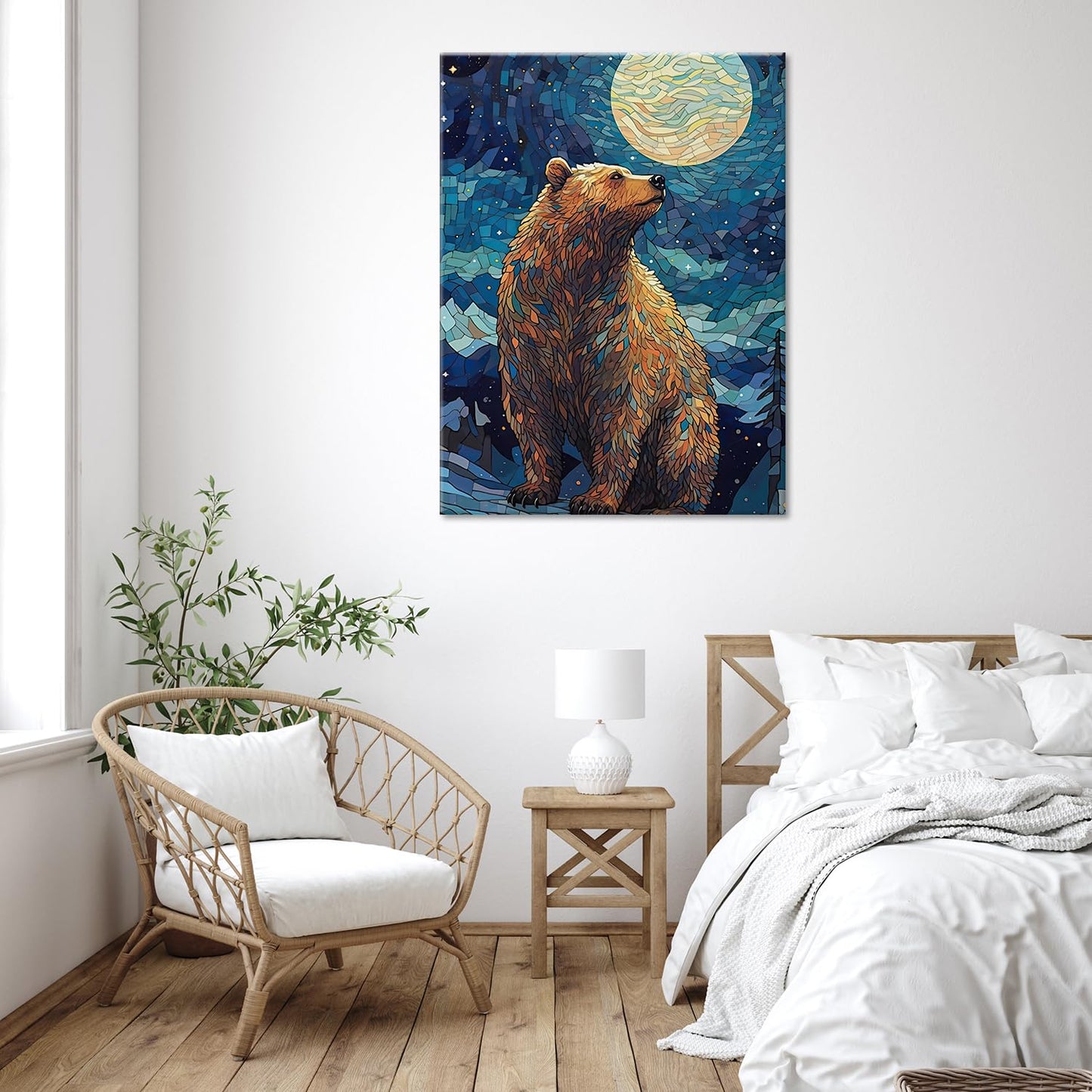 Mosaic Bear Wall Art,Starry Sky Dreamy Constellation Animal Canvas Print,Kid's Room Colors Wall Art,Wildlife Nature Home Decor,Modern Canvas with Framed Canvas Print,Framed 12 X 16in