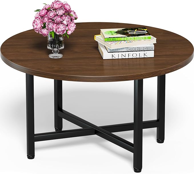 FAMIDGE Coffee Table, 23.6" Coffee Tables for Living Room, Round Coffee Table with Metal Frame, Floor Table for Sitting on The Floor, Home, Office, Dark Walnut