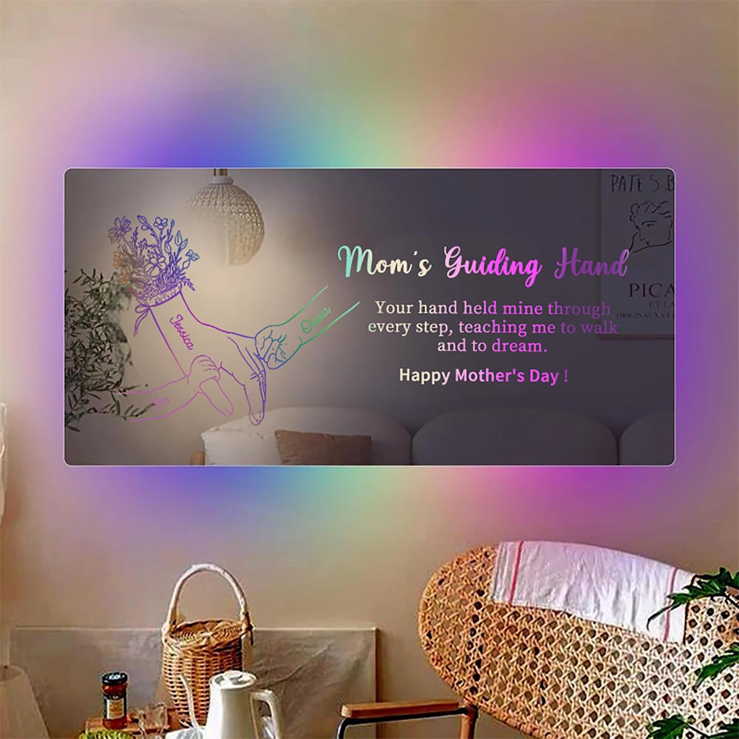 ROSLILY Hand in Hand Personalized Mom and Kids' Hands Mirror Light, Mothers Day Light Up Mirror with Kid's Name, Wall Mounted Name Neon Signs for Mom Grandma Bedroom Living Room Decor