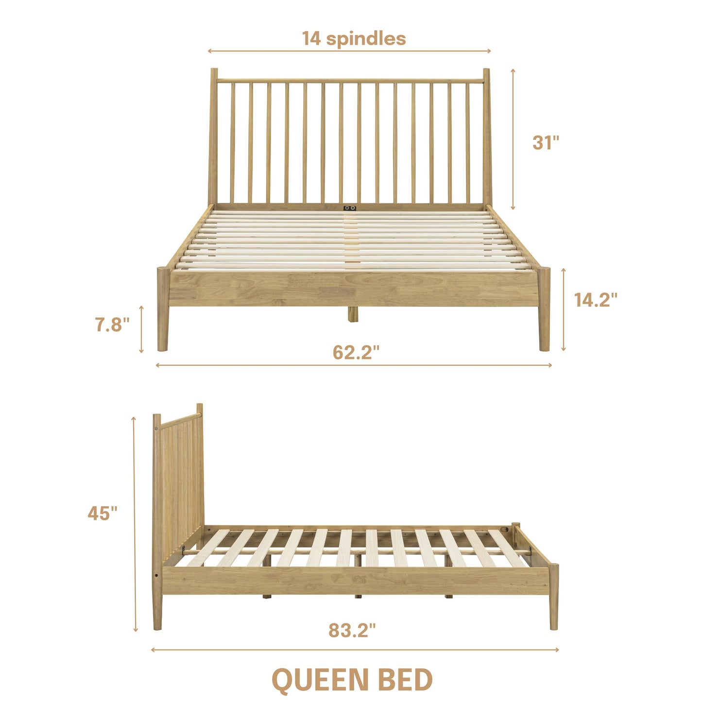 NTC Inno Wooden Bed Frame with Headboard, Solid Oak and Rubber Wood Foundation with Silent Slats and Wood Central Supports, 1000 Lb Capacity, Effortless Assembly, Queen - Sand