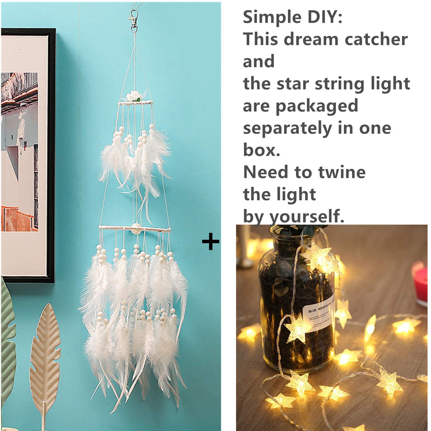 Dremisland Double Circle White Feather Dream Catcher with Mobile LED Fairy Lights Wall Hanging Ornaments Ceiling Decor for Bedroom Decor Wedding Decorations Boho Chic Party Nursery Decor