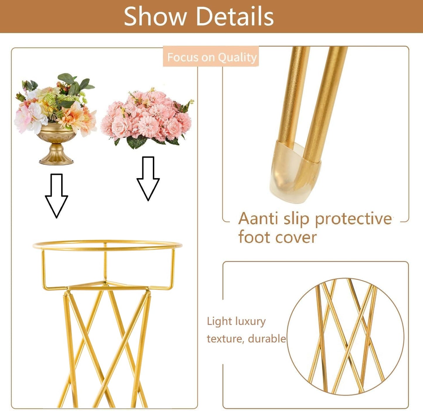 Bigsee 2 Pcs Gold Flower Stand Display -41.3" Tall Flower Arrangement Stand, Metal Flower Pot Holder Rack for Wedding Centerpieces Opening Party Reception Aisle